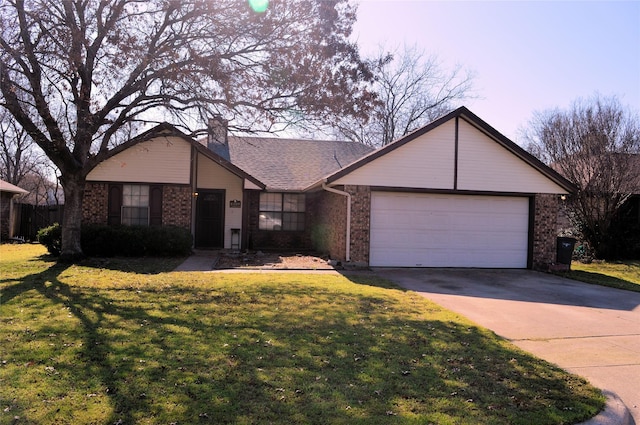 8109 Camelot Rd, Fort Worth, TX 76134 - ranch-style home featuring brick siding, an attached garage, concrete driveway, a front lawn, and a chimney