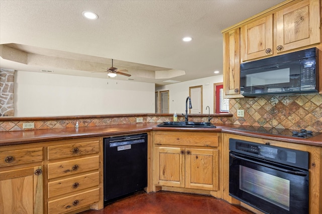 1511 Cabaniss Ln, Weatherford, TX 76088 - kitchen with black appliances, backsplash, a sink, a ceiling fan, and recessed lighting