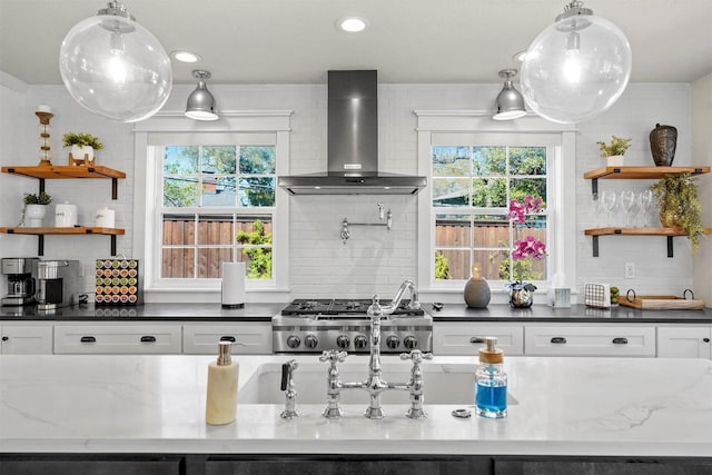 435 Allison Dr, Dallas, TX 75208 - kitchen featuring wall chimney range hood, open shelves, dark stone countertops, tasteful backsplash, and recessed lighting