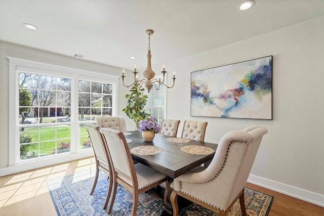 435 Allison Dr, Dallas, TX 75208 - dining area with a chandelier, baseboards, wood finished floors, and recessed lighting