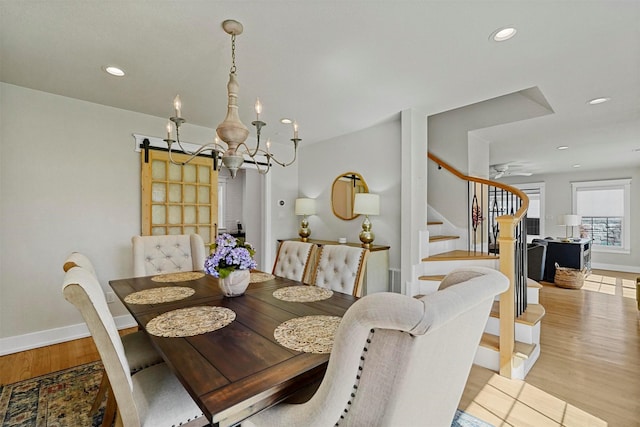 435 Allison Dr, Dallas, TX 75208 - dining space featuring stairway, a chandelier, light wood-style flooring, baseboards, and recessed lighting