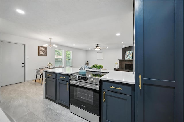 7201 Harwick Ln, North Richland Hills, TX 76182 - kitchen with stainless steel electric stove, light countertops, recessed lighting, a chandelier, and a ceiling fan