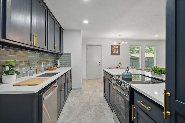7201 Harwick Ln, North Richland Hills, TX 76182 - kitchen with appliances with stainless steel finishes, a sink, backsplash, light countertops, and recessed lighting
