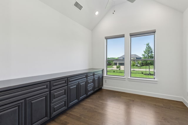 16431 Elk Hollow Rd, Frisco, TX 75035 - empty room with ceiling fan, baseboards, dark wood-style floors, recessed lighting, and high vaulted ceiling