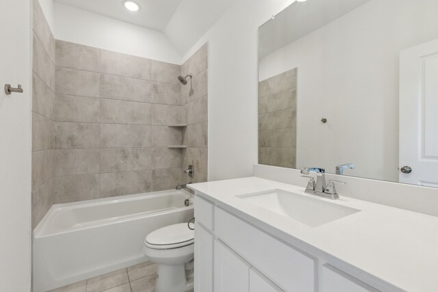16431 Elk Hollow Rd, Frisco, TX 75035 - full bathroom featuring toilet, vanity, shower / bath combination, tile patterned floors, and recessed lighting