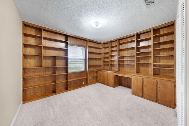 1804 Posey Ln, Sulphur Springs, TX 75482 - unfurnished office featuring a textured ceiling, light carpet, built in study area, wooden walls, and baseboards