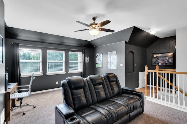107 Oak Hollow Ln, Red Oak, TX 75154 - cinema featuring carpet flooring, a ceiling fan, lofted ceiling, and baseboards