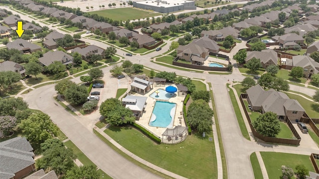 12341 Payne St, Frisco, TX 75033 - aerial overview of property's location with a pool and nearby suburban area