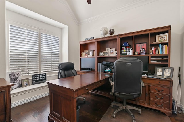 12341 Payne St, Frisco, TX 75033 - office space featuring ornamental molding, vaulted ceiling, and dark wood-style floors