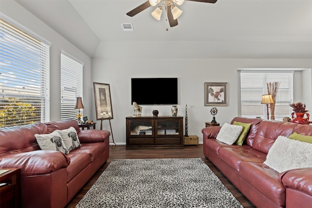 2101 Swenson Ranch Trl, Fort Worth, TX 76134 - living room featuring a ceiling fan, wood finished floors, plenty of natural light, baseboards, and lofted ceiling