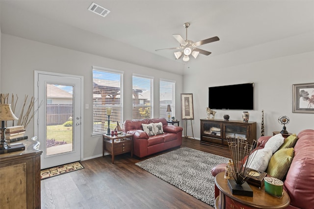 2101 Swenson Ranch Trl, Fort Worth, TX 76134 - living room featuring ceiling fan, wood finished floors, and baseboards