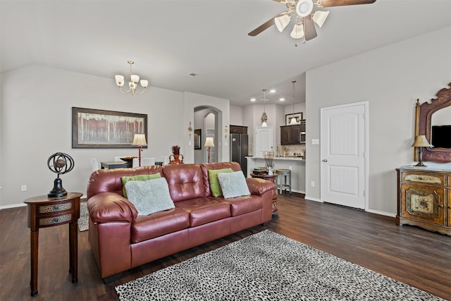 2101 Swenson Ranch Trl, Fort Worth, TX 76134 - living area featuring arched walkways, ceiling fan, dark wood-type flooring, recessed lighting, and vaulted ceiling