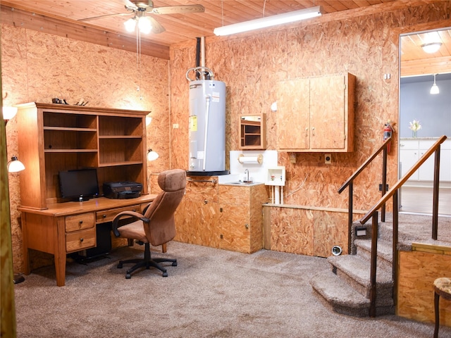 2226 Bethany Rd, Sherman, TX 75090 - carpeted office featuring water heater, wooden ceiling, ceiling fan, and a sink