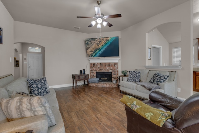 408 Prescott Ln, Fort Worth, TX 76036 - living room featuring arched walkways, ceiling fan, wood finished floors, and baseboards