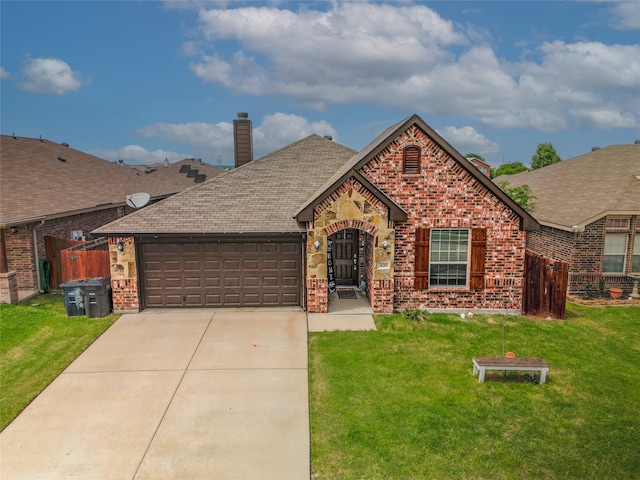 408 Prescott Ln, Fort Worth, TX 76036 - view of front facade with a chimney, brick siding, an attached garage, driveway, and a shingled roof