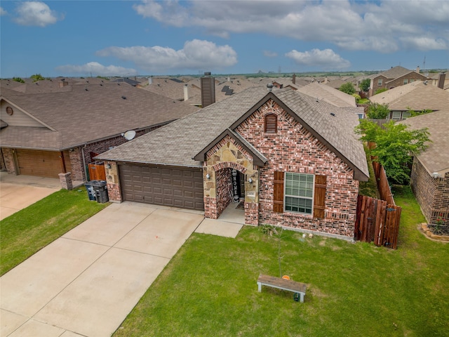 408 Prescott Ln, Fort Worth, TX 76036 - view of front facade with a garage, driveway, brick siding, roof with shingles, and a chimney