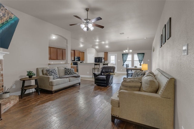 408 Prescott Ln, Fort Worth, TX 76036 - living area featuring a ceiling fan, a chandelier, hardwood / wood-style floors, and lofted ceiling