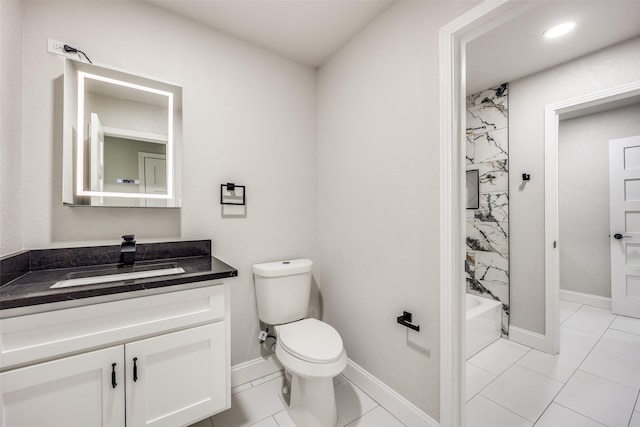 3414 Janlyn Ln, Farmers Branch, TX 75234 - bathroom with vanity, toilet, shower / bath combination, baseboards, and tile patterned flooring