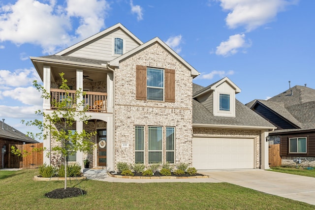 233 Lakewood Ln, Ponder, TX 76259 - view of front facade featuring a balcony, ceiling fan, driveway, a shingled roof, and brick siding