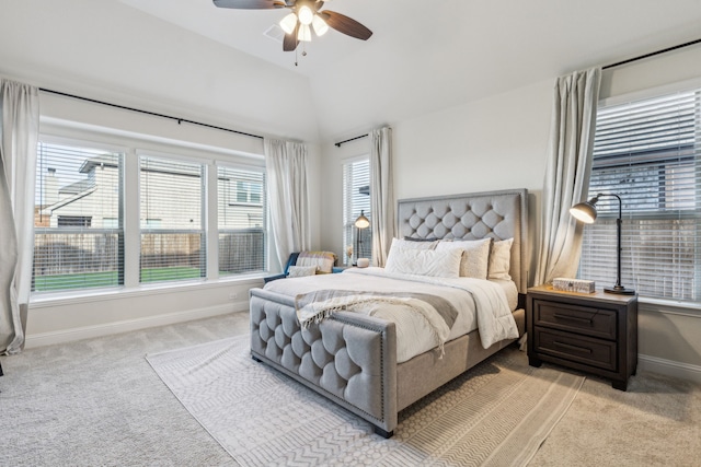 233 Lakewood Ln, Ponder, TX 76259 - bedroom featuring light carpet, baseboards, vaulted ceiling, and a ceiling fan