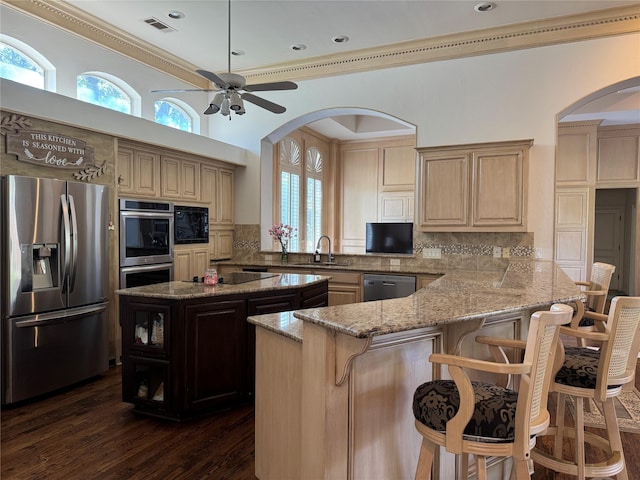 5812 Braemar Dr, Plano, TX 75093 - kitchen featuring appliances with stainless steel finishes, arched walkways, tasteful backsplash, crown molding, and light stone countertops