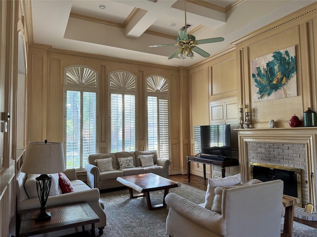 5812 Braemar Dr, Plano, TX 75093 - living room featuring coffered ceiling, ceiling fan, a brick fireplace, beam ceiling, and wood finished floors