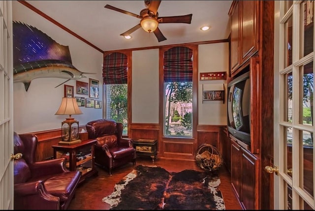 5812 Braemar Dr, Plano, TX 75093 - sitting room with dark wood finished floors, a wainscoted wall, ceiling fan, recessed lighting, and ornamental molding