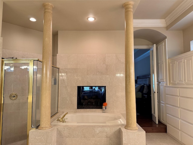 5812 Braemar Dr, Plano, TX 75093 - bathroom with ornamental molding, a garden tub, a stall shower, and recessed lighting