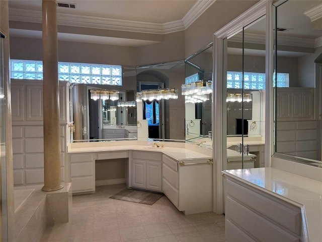 5812 Braemar Dr, Plano, TX 75093 - bathroom with ornamental molding, vanity, tile patterned flooring, and ornate columns