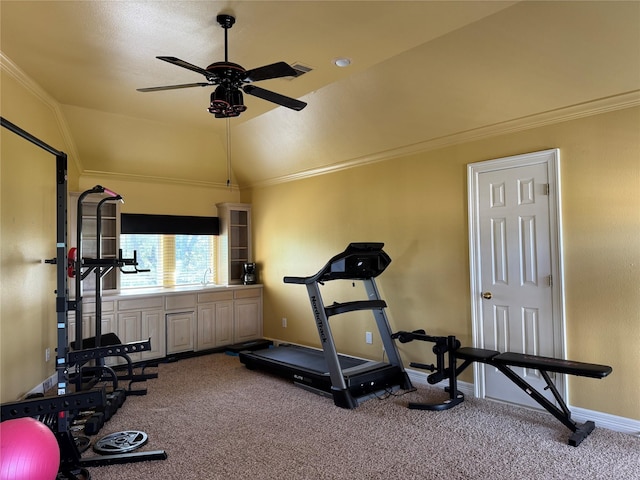 5812 Braemar Dr, Plano, TX 75093 - workout room with ceiling fan, carpet floors, baseboards, vaulted ceiling, and ornamental molding