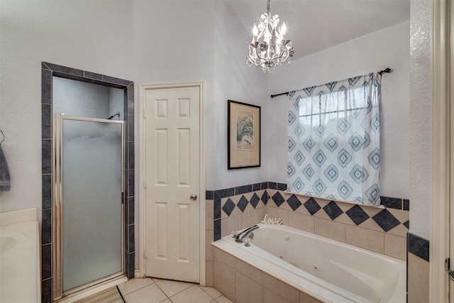 320 Mockingbird Ln, Springtown, TX 76082 - bathroom with a shower stall, a jetted tub, a chandelier, and tile patterned flooring