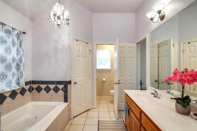 320 Mockingbird Ln, Springtown, TX 76082 - bathroom with a tub with jets, toilet, vanity, tile patterned floors, and a chandelier