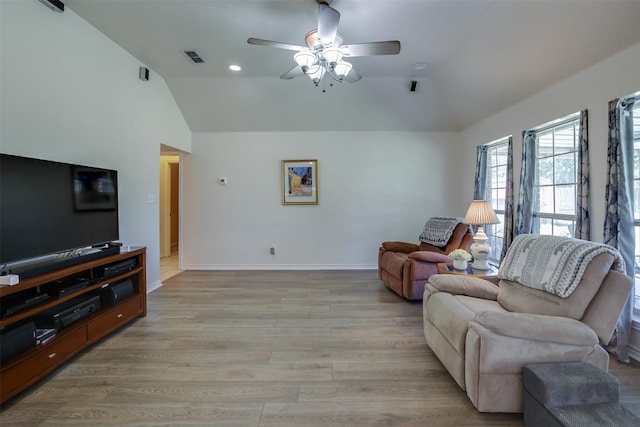 320 Mockingbird Ln, Springtown, TX 76082 - living room featuring vaulted ceiling, a ceiling fan, light wood finished floors, baseboards, and recessed lighting