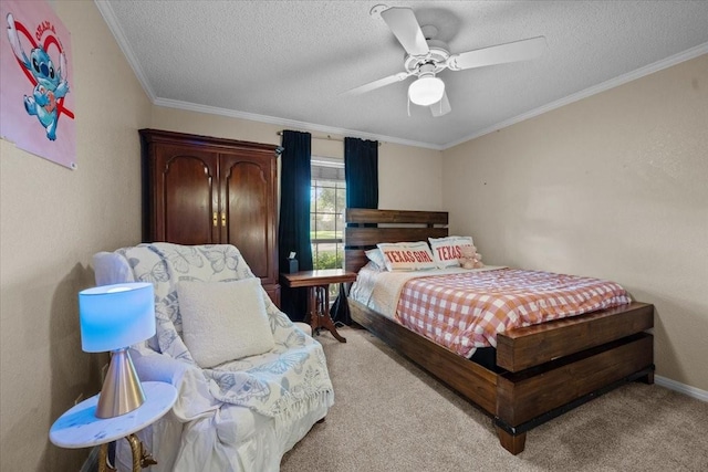 9505 Lost Trails Dr, Waco, TX 76712 - bedroom featuring a textured ceiling, ornamental molding, light carpet, and a ceiling fan