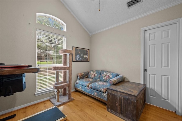 9505 Lost Trails Dr, Waco, TX 76712 - living area with crown molding, lofted ceiling, light wood-style flooring, a textured ceiling, and baseboards