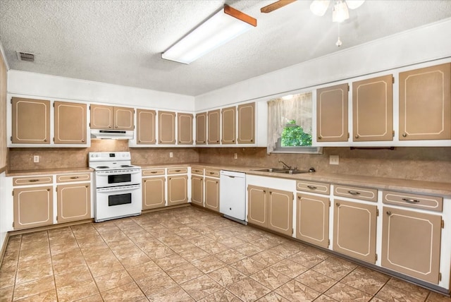 880 S Fm 779, Emory, TX 75440 - kitchen featuring white appliances, under cabinet range hood, a textured ceiling, backsplash, and a sink