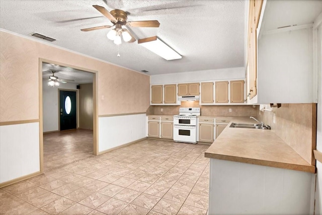 880 S Fm 779, Emory, TX 75440 - kitchen with range with two ovens, a sink, under cabinet range hood, a textured ceiling, and a ceiling fan