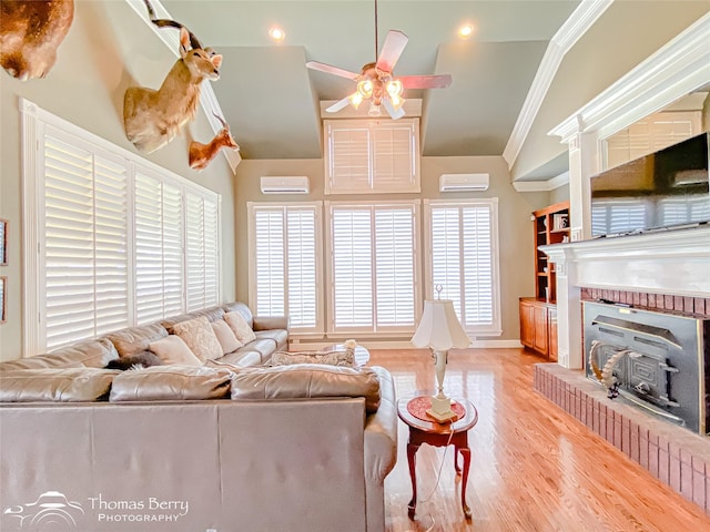 3226 County Road 360, Merkel, TX 79536 - living room featuring crown molding, a wall mounted AC, lofted ceiling, ceiling fan, and wood finished floors