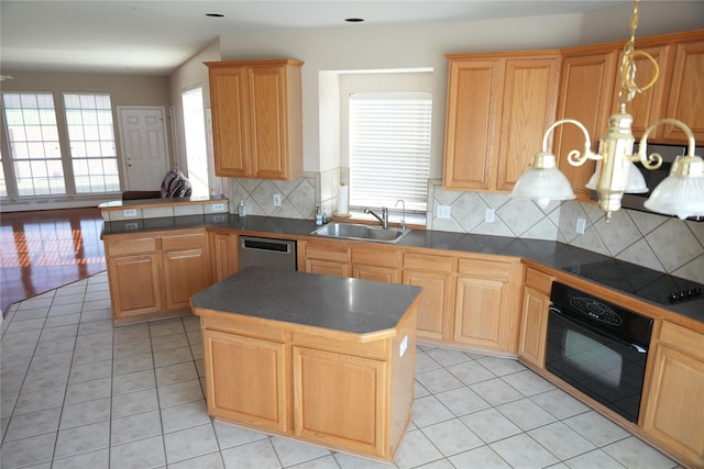 8300 Charleston St, Irving, TX 75063 - kitchen with black appliances, a sink, dark countertops, decorative backsplash, and light tile patterned floors