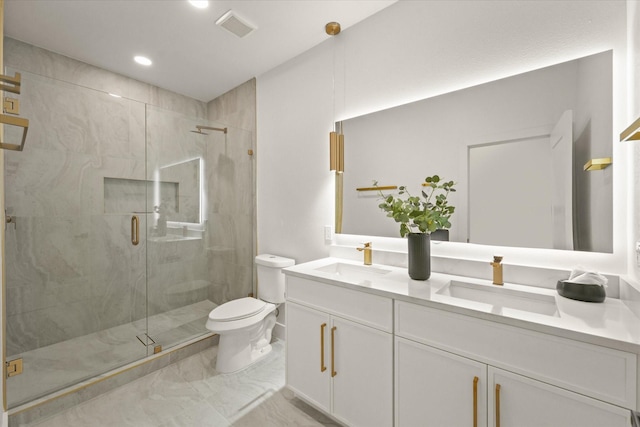 1336 Compton St, Dallas, TX 75203 - bathroom with double vanity, toilet, a stall shower, marble look tiles, and recessed lighting
