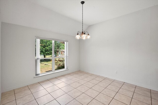 10208 W Rancho Diego Ln, Fort Worth, TX 76036 - empty room featuring a chandelier, lofted ceiling, light tile patterned floors, and baseboards