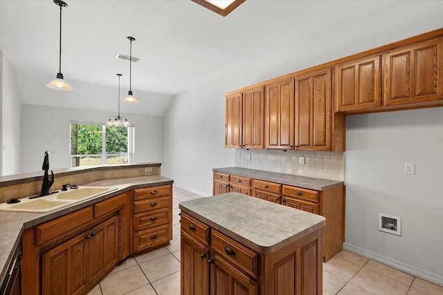 10208 W Rancho Diego Ln, Fort Worth, TX 76036 - kitchen featuring a sink, brown cabinetry, vaulted ceiling, backsplash, and light tile patterned floors