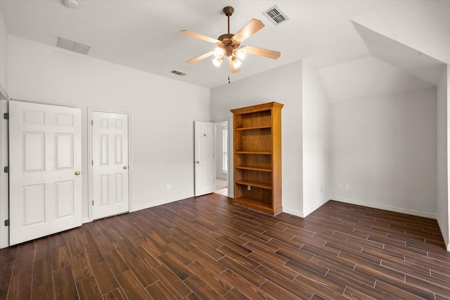 10208 W Rancho Diego Ln, Fort Worth, TX 76036 - unfurnished bedroom with dark wood-type flooring, baseboards, vaulted ceiling, and ceiling fan