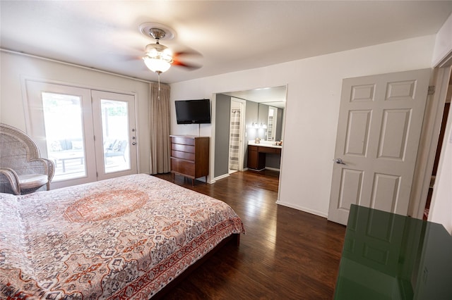 4458 Cardiff Ave, Fort Worth, TX 76133 - bedroom with dark wood-style floors, access to exterior, french doors, baseboards, and a ceiling fan