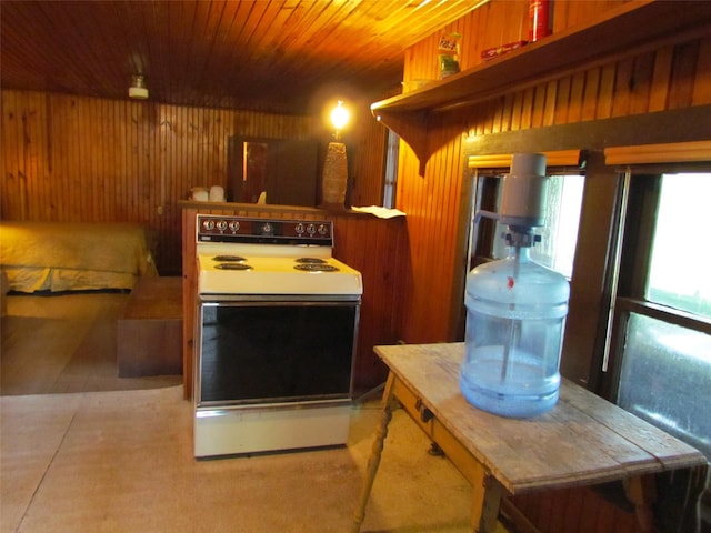 150 County Road 1699, Alba, TX 75410 - kitchen with white electric range oven, wooden walls, wood ceiling, and open shelves