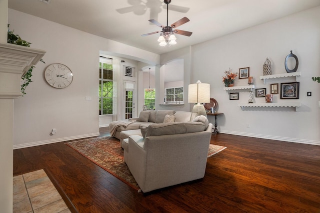 1869 Rio Blanco Dr, Frisco, TX 75033 - living room with a ceiling fan, wood finished floors, and baseboards