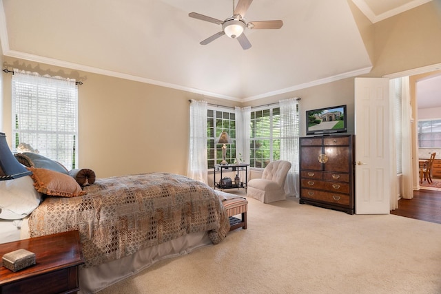 1869 Rio Blanco Dr, Frisco, TX 75033 - carpeted bedroom featuring crown molding, lofted ceiling, and a ceiling fan