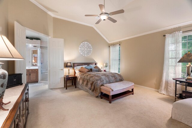 1869 Rio Blanco Dr, Frisco, TX 75033 - bedroom with light colored carpet, crown molding, multiple windows, lofted ceiling, and ensuite bathroom