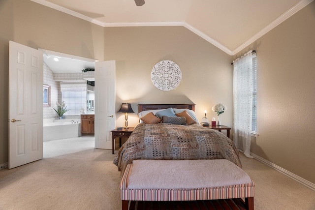 1869 Rio Blanco Dr, Frisco, TX 75033 - bedroom featuring light colored carpet, vaulted ceiling, baseboards, ensuite bath, and crown molding