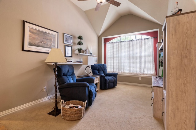 1869 Rio Blanco Dr, Frisco, TX 75033 - sitting room with carpet, a ceiling fan, vaulted ceiling, and baseboards